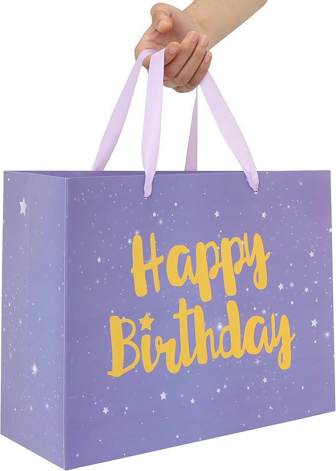 Qirrmiy 13” Large Purple Happy Birthday Gift Bag Set with Handles, Greeting Card, Lavender Tissue Papers and Stickers for Women Girls Kids, Stars Design, 1 Pcs.