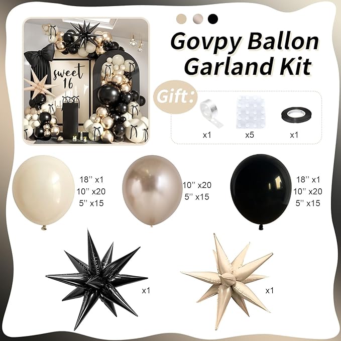 Black White Gold Balloon Garland Kit, 115Pc Beige Sand Black Cream Metallic Gold Balloon Arch Explosion Star Foil Balloons for Girls Women Birthday Bachelorette Graduation Coquette Party Decoration