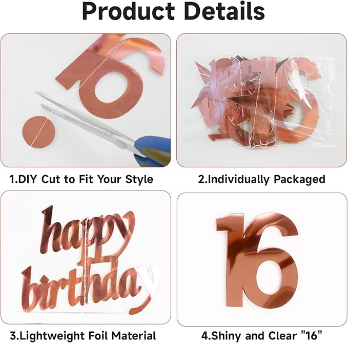 GCQQ 16th Birthday Decorations for Girls – 46FT Rose Gold Happy Birthday Number 16 Star Circle Dot Star Garland Set (14M) 4 Packs Pre-Strung Metallic Hanging Streamers for Sweet 16 Party Backdrop