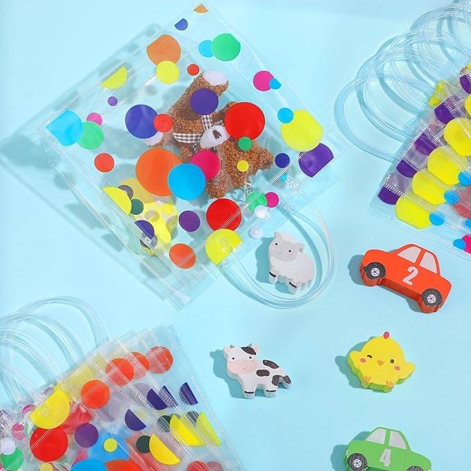 Lonfliness 24Pcs Polka Dot Clear PVC Gift Bags with Handles Bulk Rainbow Goodie Treat Candy Bags Colorful Rainbow Wrap Tote Bags for Birthday Party Favor Baby Shower Decorations Supplies 8 x 8 x 3in
