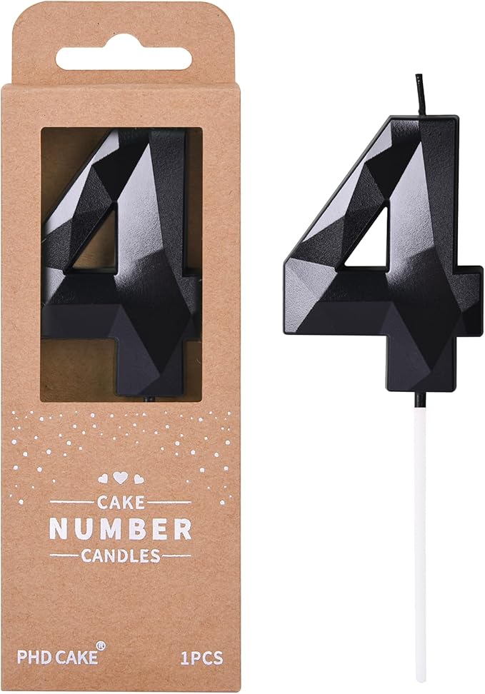 PHD CAKE 2.76 Inch Crystal Black 4 Number Birthday Candles, Black Number Candles, Cake Number Candles, Party Celebration