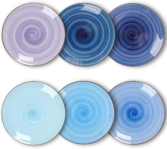 KitchenTour Ceramic Dinner Plates, 8 Inch Porcelain Serving Plate for Salad, Dessert Pizza Steak Pasta Plates Set, Dishwasher and Microwave Safe - Set of 6, Assorted Cool Colors