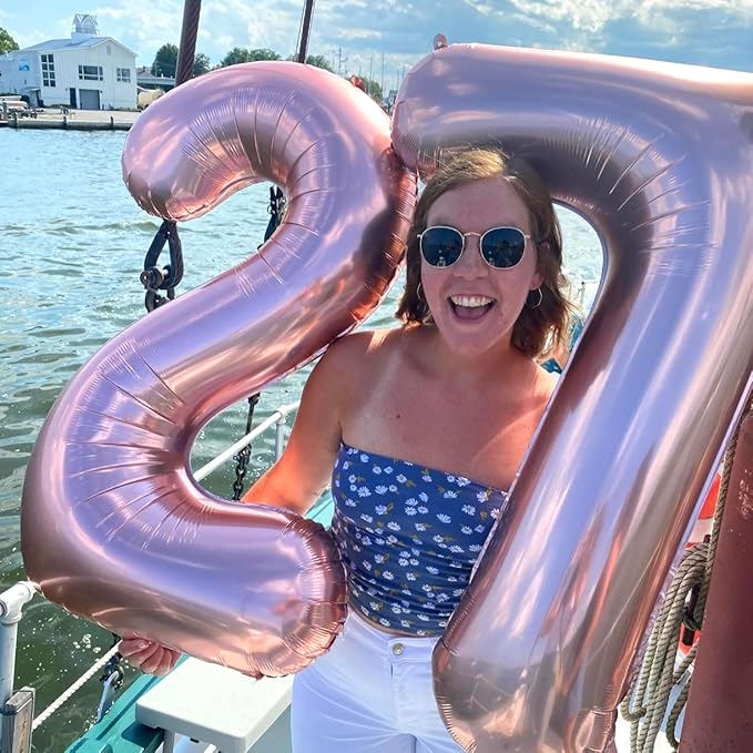 Rose Gold Number Balloons, 40inch Large Number 7 Foil Mylar Helium Balloons, Self Inflating Number Balloons 0-9 for Girls Women 7th 17th 70th Birthday Anniversary Party Graduation Decoration Supplies
