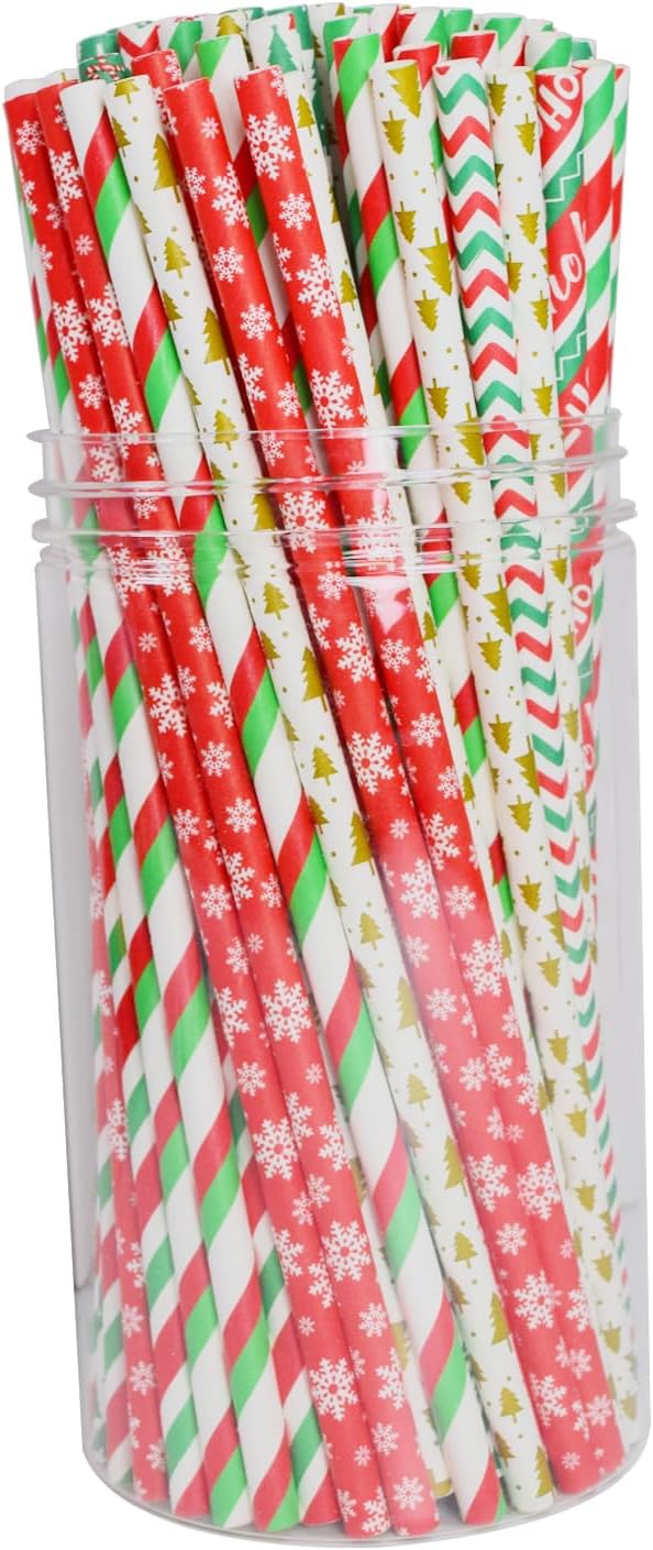 100 Christmas Paper Straws, 8 Styles Red Green White Gold Biodegradable Party Drinking Straws with Stripe, Wave, Christmas Tree Snowflake Design Decorations Supplies