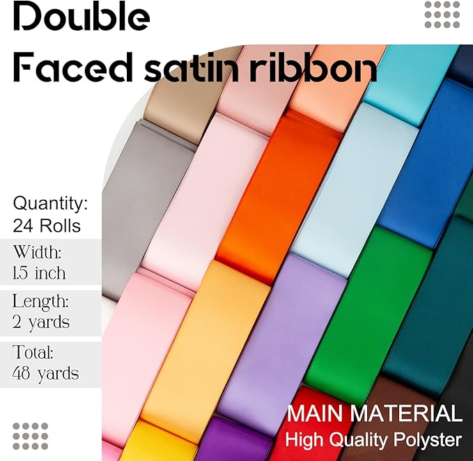 Satin Ribbon 1-1/2 Inch x 48Yds Assorted Colorful Wide Bulk Ribbon Pack, Double Faced Satin Ribbon Set, Thick Silk Fabric Ribbons for Crafts, Flower Bouquet, Christmas Gift Wrapping, Hair Bows