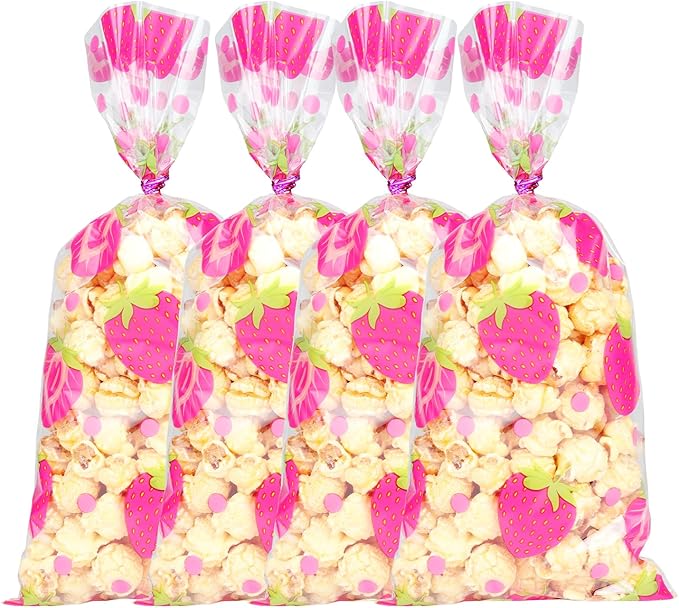 iNINGER 50 Pcs Strawberry Cellophane Treat Bags With Twist Ties, Sweets Gift for Girls Children Party Favors, Small Sweet Bag for Candy, Goodie for Baby Shower Birthday Halloween Decoration