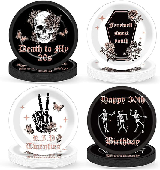 48Pcs Gothic Death to My 20s Party Paper Plates 7" 30th Birthday Party Supplies Death To My Twenties Theme Disposable Dessert Plates for Her Black and Rose Gold Rip To My 20s 30th Birthday Decor