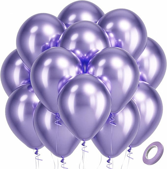 Bezente Metallic Purple Latex Party Balloons - 100 Pack 12 inch Round Helium Chrome Light Purple Lavender Lilac Balloons for Wedding Bachelorette Engagement Girl Butterfly Birthday Party Decorations