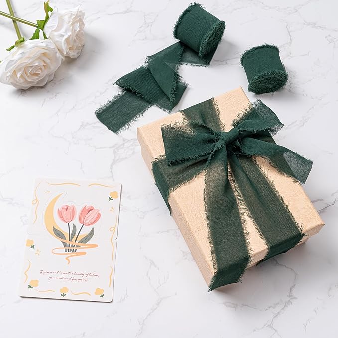 Husfunov Green Handmade Chiffon Ribbon,1.5Inch x 3 Rolls Total 24 Yards Green Fringe Chiffon Silk Ribbon,for Wrapping Wedding Invitations,Bridal Bouquets,DIY Crafts,Home Decor and More