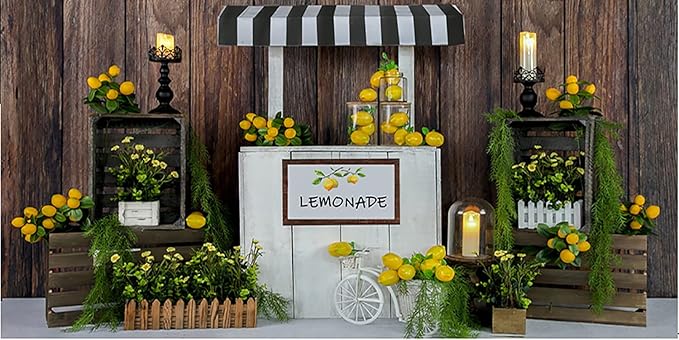 Kate Lemon Shop Backdrop Photography 20x10ft Summer Kids Birthday Lemonade Party Decoration Photo Backgrounds Brown Wood Wall Seamless Soft Fabric Backdrop Shooting