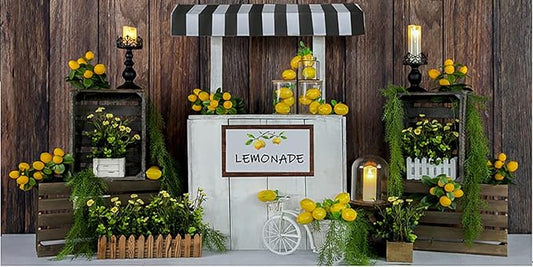 Kate Lemon Shop Backdrop Photography 20x10ft Summer Kids Birthday Lemonade Party Decoration Photo Backgrounds Brown Wood Wall Seamless Soft Fabric Backdrop Shooting