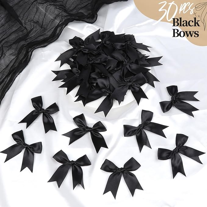 YGDZ Black Bows, Self Adhesive Ribbon Satin Bow for Crafts, Party, Small Black Bows Decor for Balloon, Gift Wrapping, with Double-Sided Tape