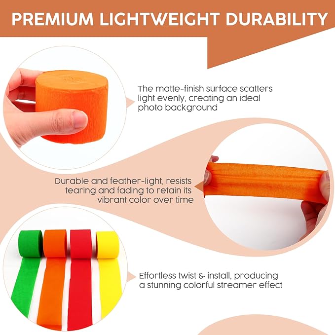 4 Rolls Crepe Paper Red Orange Yellow Green Streamers – Perfect for Streamers Party Decorations, Wedding, Birthday, Colored Decor, and DIY Craft Supplies(1.8 Inch x 82 Ft/Roll)