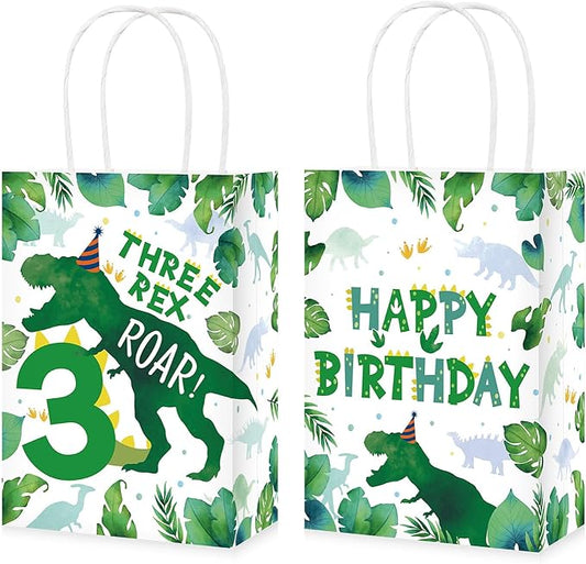 Grencian 16Pcs Dinosaur 3rd Birthday Party Favor Bags 3 Three Rex Dinosaur Candy Treat Gift Goodie Bags with Handles Three Rex Birthday Decorations for Boys 3 Year Old Party Decorations Favors Supplies