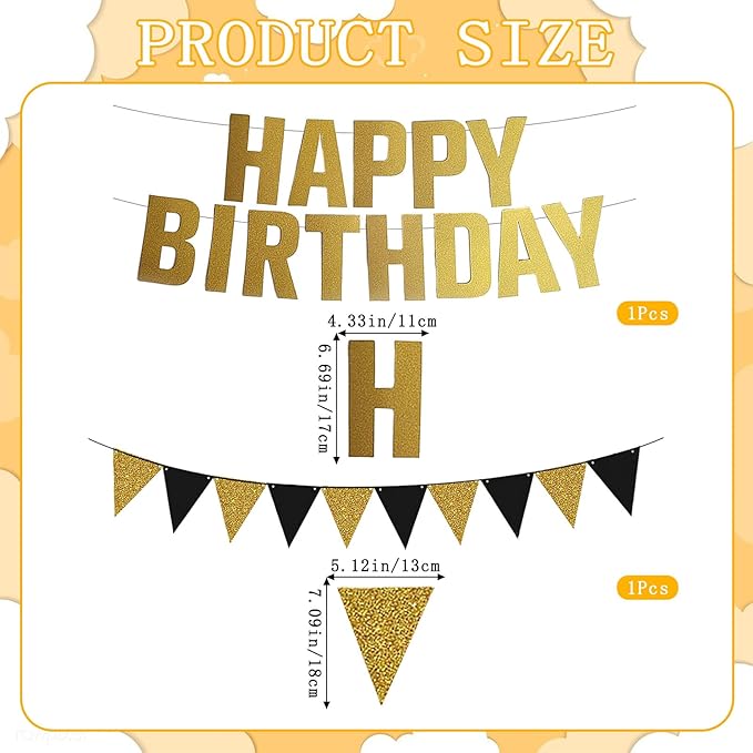 Happy Birthday Banner Black and Gold Birthday Decorations, Glitter Gold Bday Banner Sign Black Golden Pennant Flag Banner Garland and Star Hanging Swirls Men Women Birthdays Party Supplies for All Age