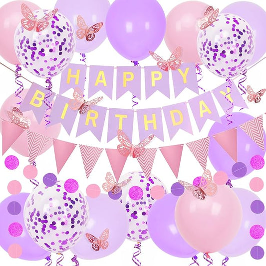 Purple and Pink Birthday Decorations, Happy Birthday Banner and Purple Pink Balloons, Butterfly Stickers with Circle Dot Paper Garland, Bunting Banner, for Party Decorations