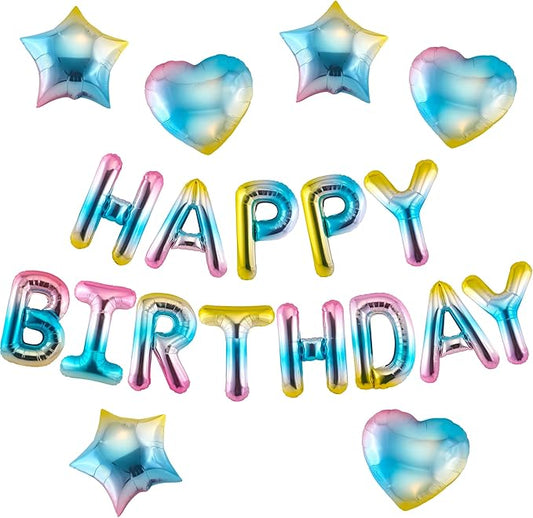 CANREVEL Happy Birthday Banner 13pcs 16 Inch Mylar Foil Letters with 6pcs Star & Heart Balloons Birthday Party Decorations for Kids and Adults - 3D Gradient