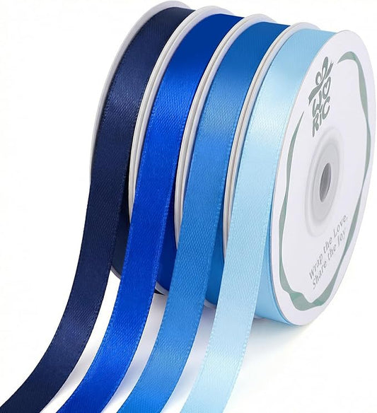 woric 120 Yards Blue Ribbon 3/8 Inch x 4 Rolls, 30 Yd/Roll, Light/Baby/Navy/Royal Blue Satin Ribbon for Graduation Leis Baby Bridal Shower Gift Wrapping