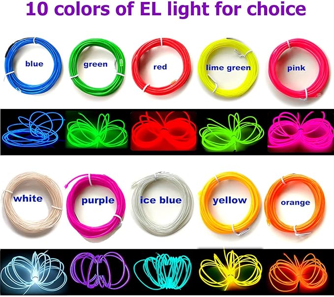 MaxLax EL Wire Purple 10-Pack, 16.4ft/5m Neon Light Wire with Noise Reduction and Battery Pack…