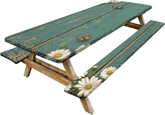 Rustic Daisy Picnic Table Cover with Bench Covers Set of 3-Weathered Wood Background with Butterflies,Elastic Fitted Tablecloth for 6 Ft Tables, Washable Polyester Cover for Camping, Indoor & Outdoor
