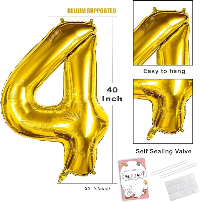 40 inch Number Balloon 0-9 Gold Large Number 4 Balloons,Digital Balloons for Birthday Party Celebration Decorations Supplies, Helium Foil Number Balloons for Wedding Anniversary