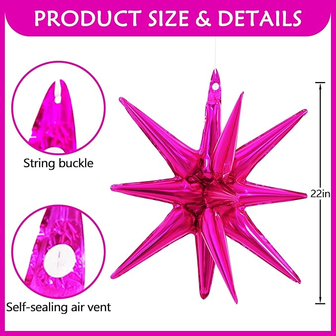 TONIFUL 4 Pcs 22inch 4D Hot Pink Explosion Star Mylar Balloons for Party Backdrop Christmas,New Year Birthday, Wedding Baby Shower Anniversary Photo Booth Supplies