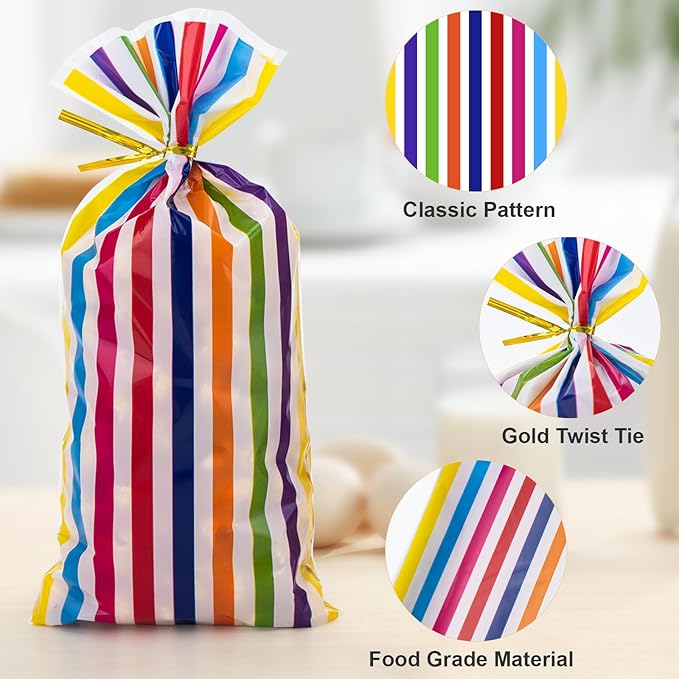 Aubeco 120 Pack 10.6x5.1 Inch Cellophane Treat Bags with Ties - Polka & Rainbow Stripes Candy Gift Baggies for Birthday, Wedding Party Favors, Snack Packing Supplies