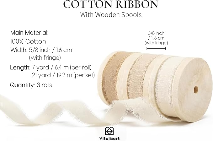 Vitalizart Cotton Ribbon Handmade Fringe 5/8" x 21 Yd Nude & Cream White Pure Natural Cotton Ribbons for Gift Wrapping Wedding Invites Bridal Shower Bouquets Holiday Decor