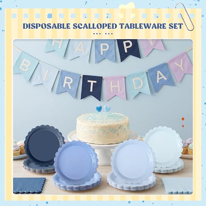 120 Pcs Paper Plates and Napkins Party Supplies Bulk Disposable 7 Inch Scalloped Plates Cocktail Napkins for Wedding Bridal Baby Shower Birthday Decorations, Serve 60(Dusty Blue)