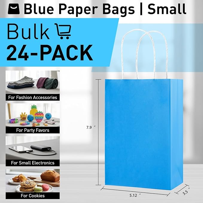 SUNCOLOR Blue Gift Bags with Tissue Paper, 24 Pack Small Kraft Paper Party Favor Bags, 7.9 x 5.12 x 3.15 Inches, Reinforced Handles for Baby Showers, Birthdays, Celebrations