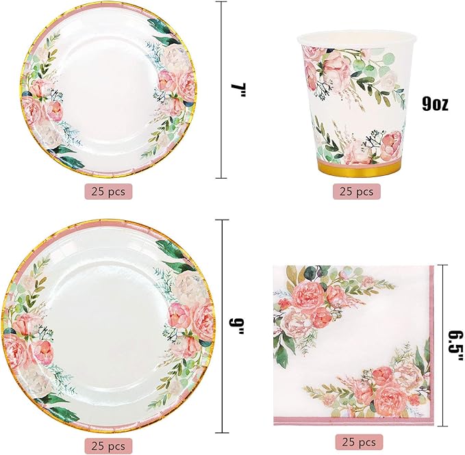 Boosolo Floral Party Supplies paper plates and Napkins Sets for 24 Guest-Include Floral Disposable Paper Plates,Cups,Napkin forr Bridal Shower,Birthday,Wedding,Bachelorette party Supplies