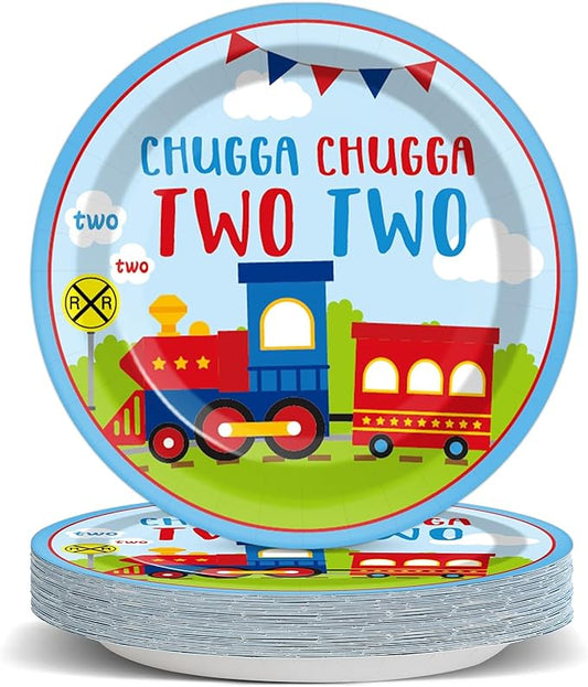 Qyeahkj 48 Pcs Chugga Chugga Two Two Party Plates Train Disposable Paper Plates 2nd Trains Birthday Party Plates Supplies Decorations Favors for Kids Baby Shower