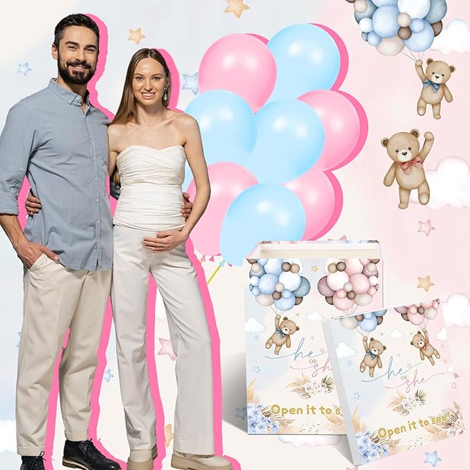 Hungdao Gender Reveal Balloon Box with Ribbon and 10 Pink and Blue Balloons Gender Reveal Games He or She Open to See for Party Decoration 12"x12"x16"(Boho Bear)