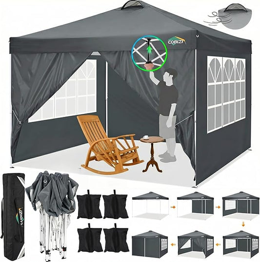 COBIZI 10x10 Pop Up Canopy Tent, One Push Outdoor Gazebo with 4 Removable Sidewalls & Air Vent, Waterproof Commercial Easy Up Adjustable Canopy with 4 Sandbags, 4 Stakes & 8 Ropes for Party,Grey