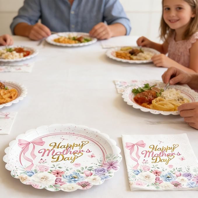 48 PCS Happy Mother's Day Paper Plates and Napkins Mothers Day Party Supplies Disposable Plates Napkins Tableware Set for Floral Theme Best Mom Mothers Birthday Party Family Dinner Table Decorations