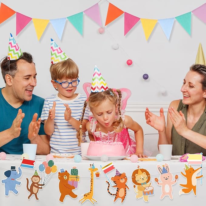 2 Pcs Animal Parade Party Banner Set Animals Flag Colorful Pennant Flags for Birthday Hanging Garland Decorations Baby Showers Zoo Jungle Themed Parties Supply