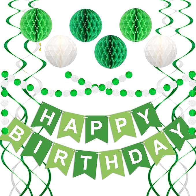 Green Birthday Decorations, Happy Birthday Banner with Honeycomb Balls, Circle Dot Garland and Hanging Swirl Decorations for Women Men Boys Girls (Green White)
