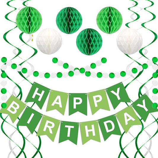 Green Birthday Decorations, Happy Birthday Banner with Honeycomb Balls, Circle Dot Garland and Hanging Swirl Decorations for Women Men Boys Girls (Green White)