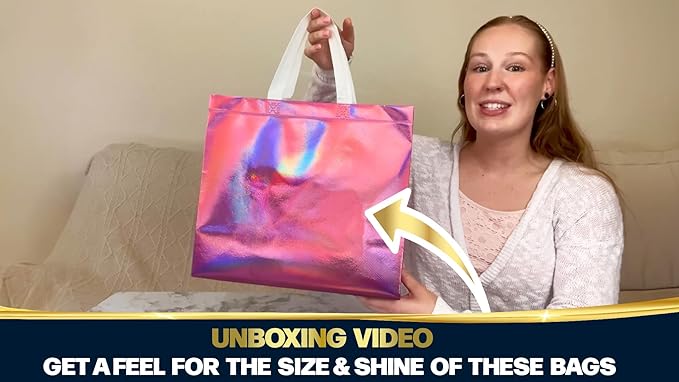 Nush Nush Large Pink Iridescent Gift Bags in Bulk – Set of 30 Holographic Pink Gift Bag With Handles - For Small Business, Birthday, Christmas, Goodie, Gifting, Party Favors - 13 "x 5" x 11" Size