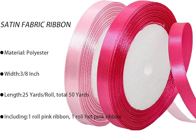 2 Rolls Pink Hot Pink Ribbon, 3/8 Inch x 50 Yards Satin Pink Fabric Ribbon for Flower Bouquets, Gift Wrapping, DIY Crafts, Birthday Cakes, Holiday, Wedding Party and Mother’s Day Decorations