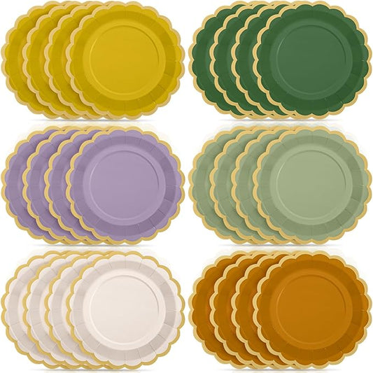 48 Pcs Nature Wedding Paper Plates 9 Inch Sage Green Purple Scalloped Paper Disposable Dinner Dessert Plates for Birthday Wedding Bridal Party Supplies, 6 Colors
