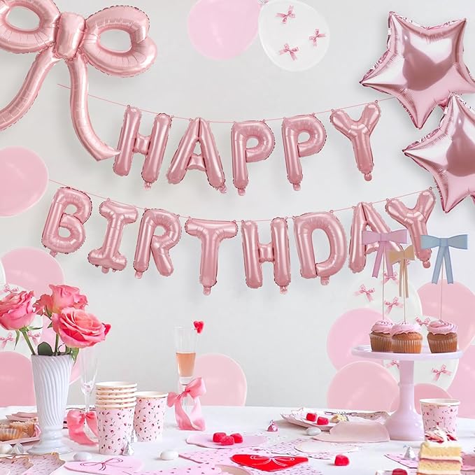 YTHETM Bow Party Decorations Pink Happy Birthday Balloons Banner Pink Birthday Decorations Bow Balloons for Women Girls Birthday Decor Party Supplies