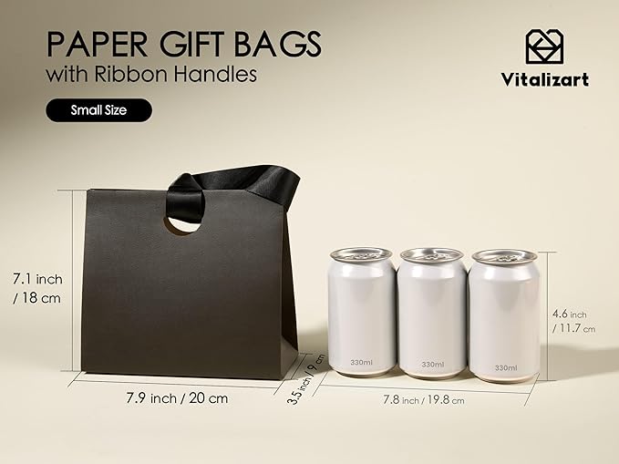 Vitalizart Paper Gift Bags With Ribbon Handles Set of 10 Black Bulk Reusable For Gift Wrap Girls Kids Birthday Bridal Shower Party Favors Goodie Bags Candy Toys Christmas 7.87"x3.54"x7.09" Small Size