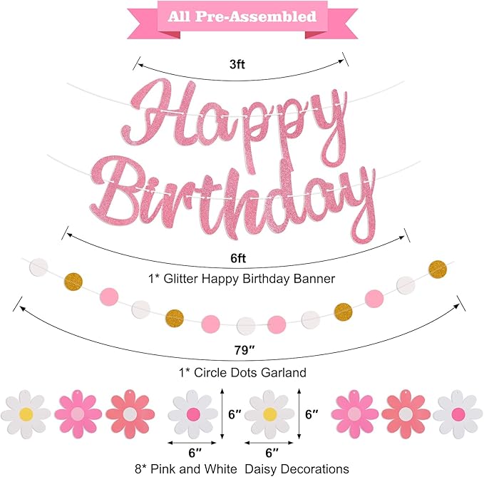 Pre-Strung Happy Birthday Banner, NO DIY Birthday Decorations with Circle Dot Garland and Flowers, Happy Birthday Party Decorations for Women Girls (Pink)
