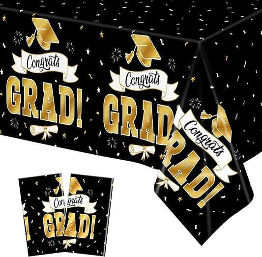 2Pack Graduation Decorations 2026, 108" X 54" Graduation Tablecloth, Blackgold Rectangle Class of 2026 Table Cloths, Disposable Plastic Congrats Grad Tablecover for Grad Party Favors Supplies for kids