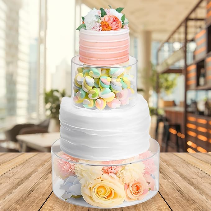 2PCS Acrylic Cake Stand 6'' 8'' Clear Cake Stand, Acrylic Cake Separators Fillable Cake Stands Round 2 Tier for Dessert Wedding Birthday Party