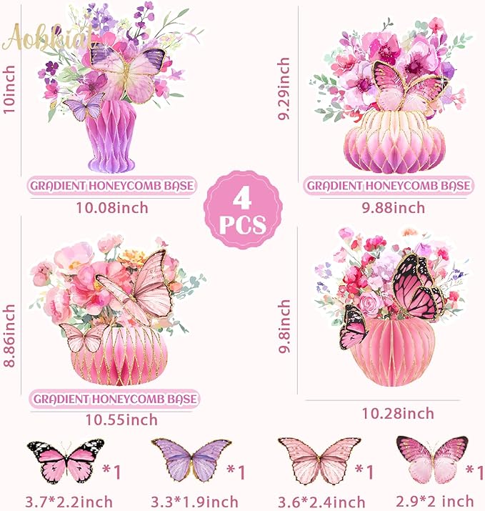 AOBKIAT Women Birthday Decorations Party Centerpieces,Large Size Table Centerpieces with Glitter Edge,Pink Purple Cardboard Honeycomb Base for Mother Day,Baby/Bridal Shower,Wedding,Gradient Vase