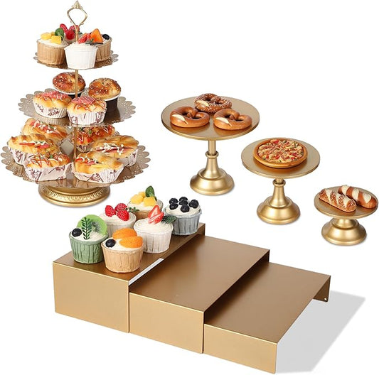 Garvee 7 Pcs Gold Metal Cake Stand Set, Dessert Table Display Set with 3 Sizes Round Pedestal Stands Tiered Cupcake Holder Display Risers for Party, Wedding, Birthday, Baby Shower, Anniversary