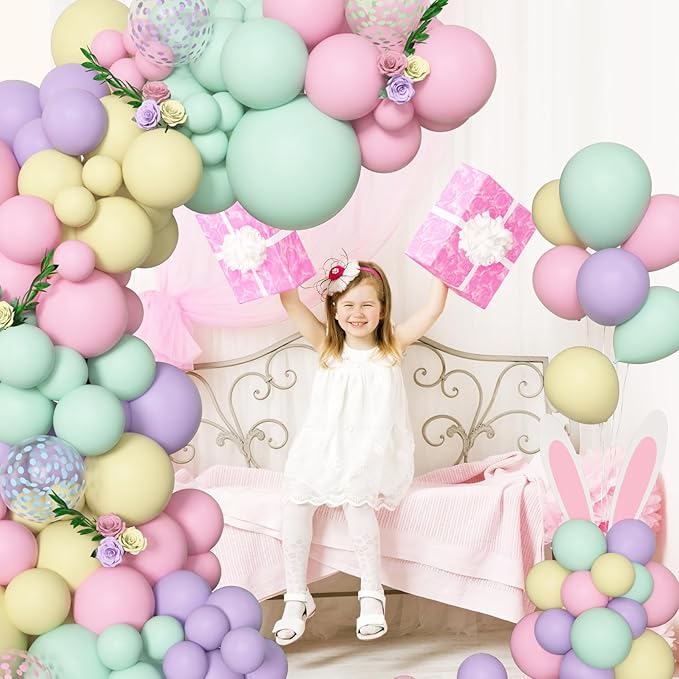 Amandir 153pcs Pastel Balloons Garland Arch Kit, Different Sizes 18 12 10 5inch Pastel Pink Yellow Green Purple Confetti Balloons for Bunny Hunt Spring Baby Shower Birthday Party Decorations