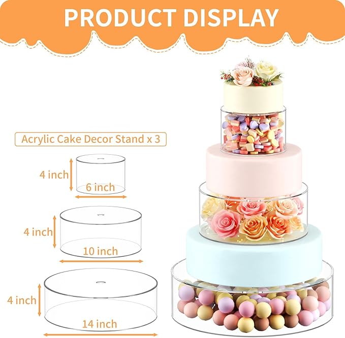 NPPLUS 3PCS Clear Acrylic Cake Stand, Fillable Cake Box Riser Cake Tier, Round Cake Display Box with Lid, Decorative Centerpiece Box for Wedding Birthday Party (14" Dx4 H,10" Dx4 H,6" Dx4 H)